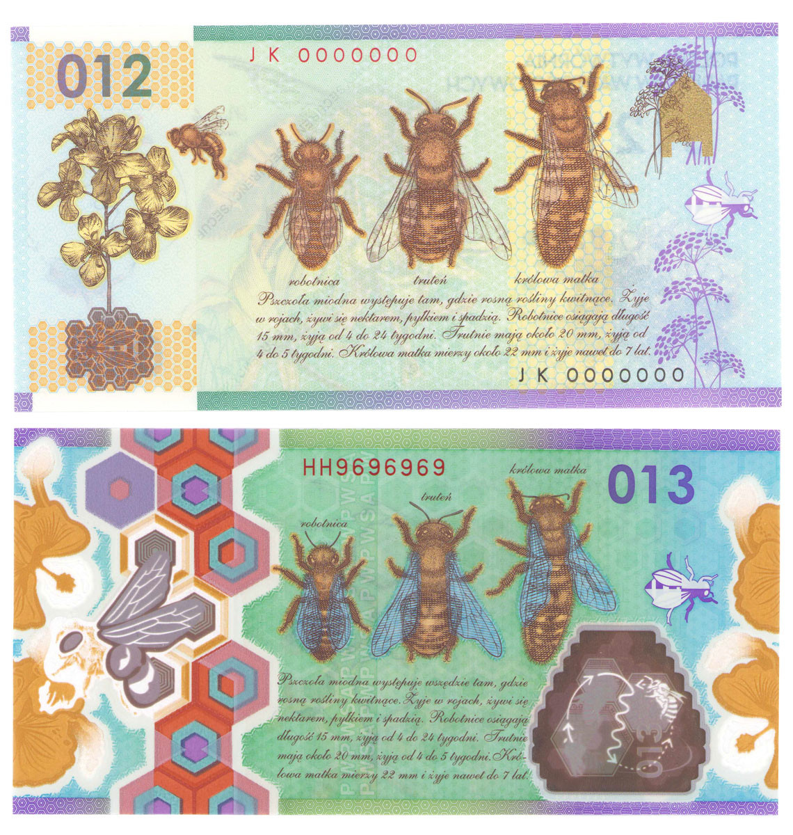 Zestaw banknotów testowych PWPW - PSZCZOŁA nr 012 i 013 – 2 szt